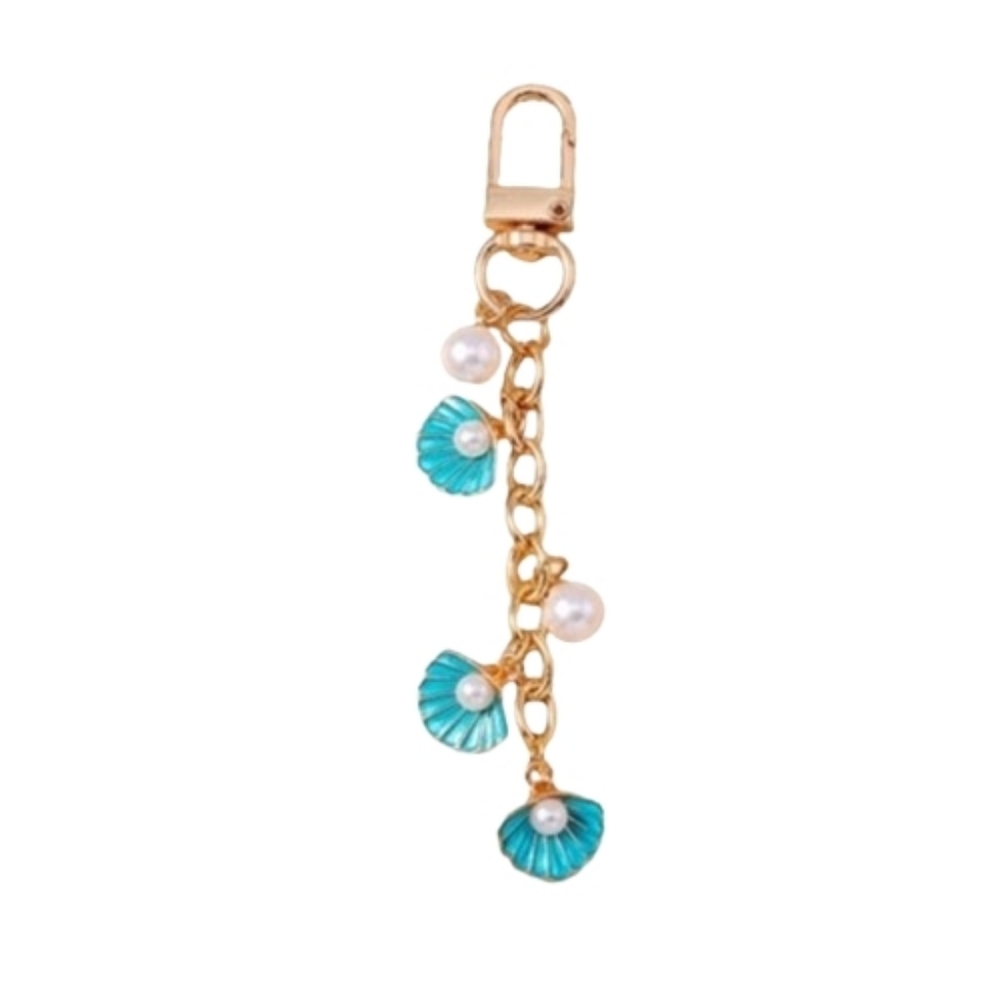 Beach Shell Pearl Gold Tone Bag Charm Keychain | Coastal Purse Accessory